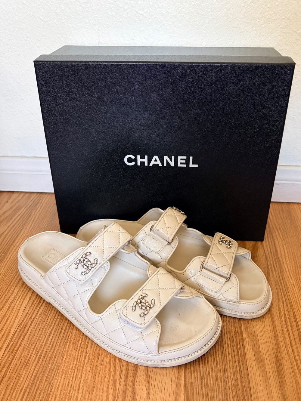 CHANEL Cream Quilted Leather Double-Strap Slide Sandals